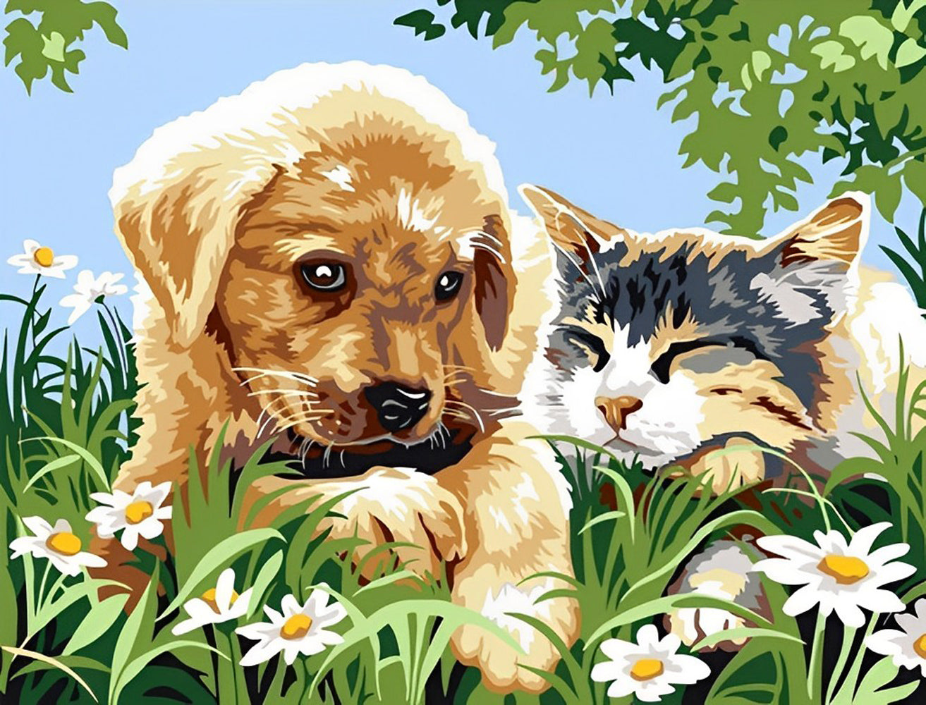 Golden Retriever Puppy, Cat and Little Daisies Diamond Painting