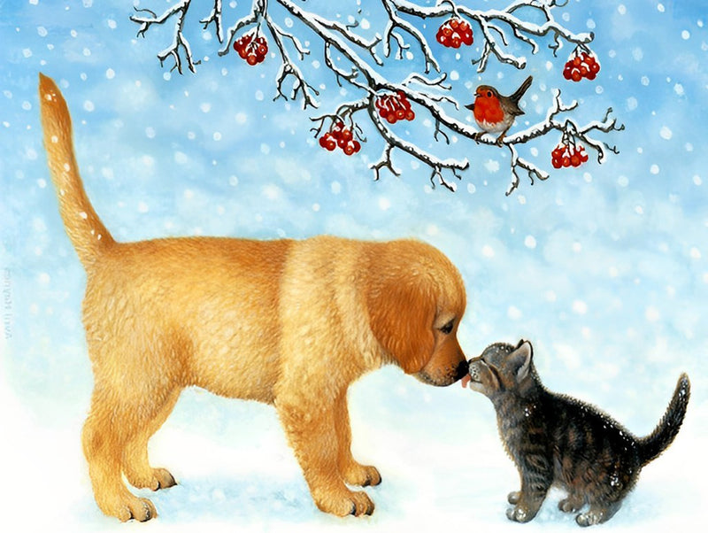 Golden Retriever Puppy and Kitten on the Snow 5D DIY Diamond Painting Kits