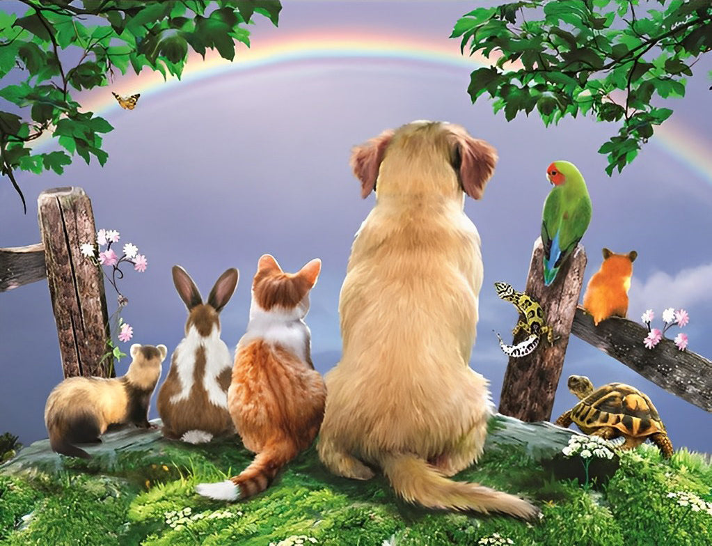 Golden Retriever Dog Looking at Rainbow with Other Animals Diamond Painting