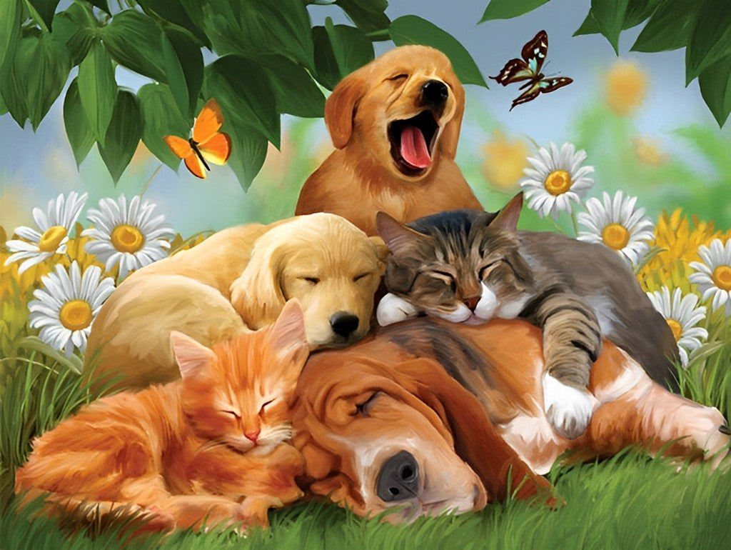 Dogs and Cats with Flowers Diamond Painting