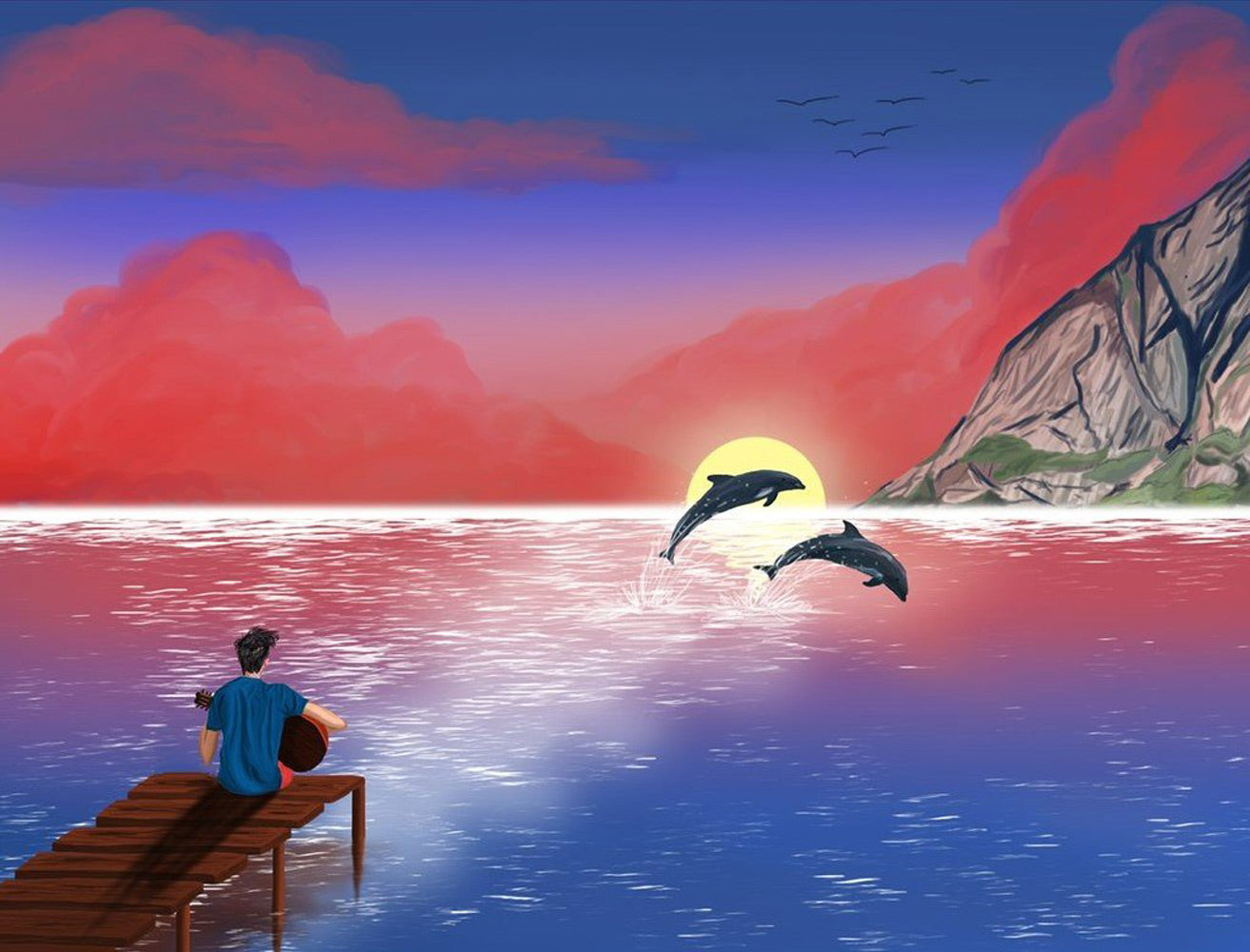 Dolphins and Man Playing Guitar Diamond Painting