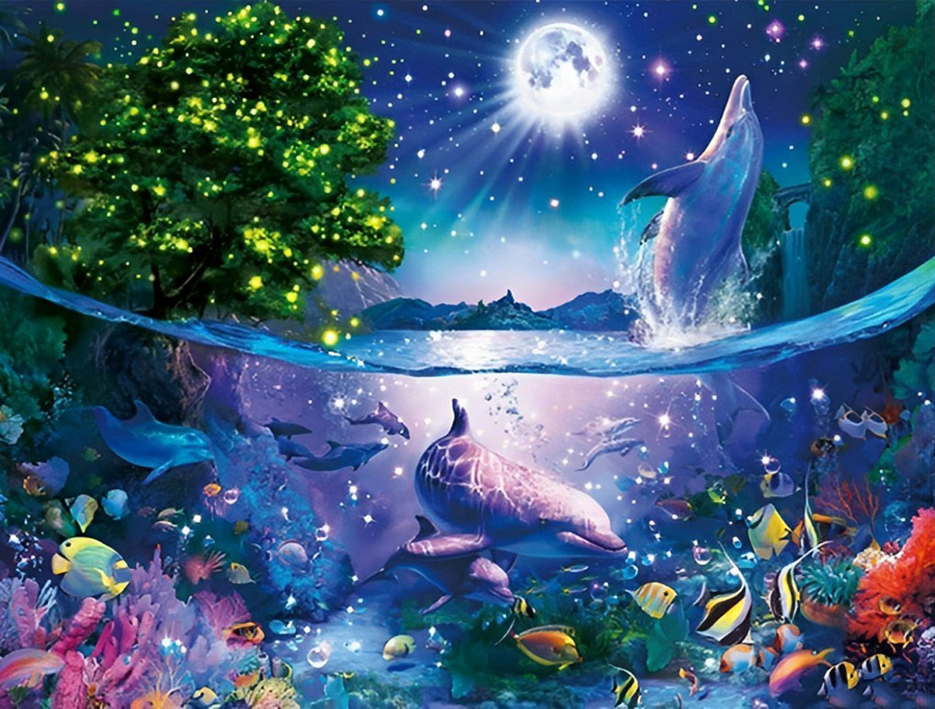 Dolphins and the Clear Moon Diamond Painting