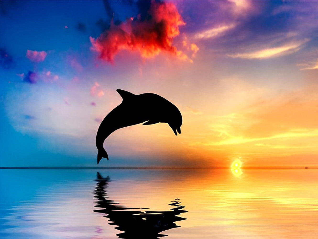 Dolphin Jumping Out of the Sea at Setting Sun Diamond Painting