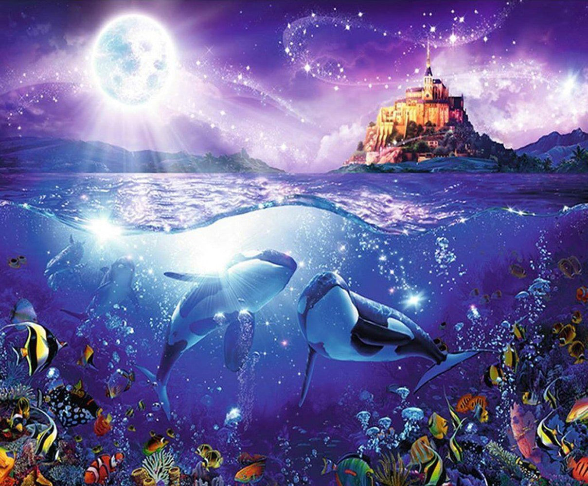 Whales and Castle with Clear Moon Diamond Painting