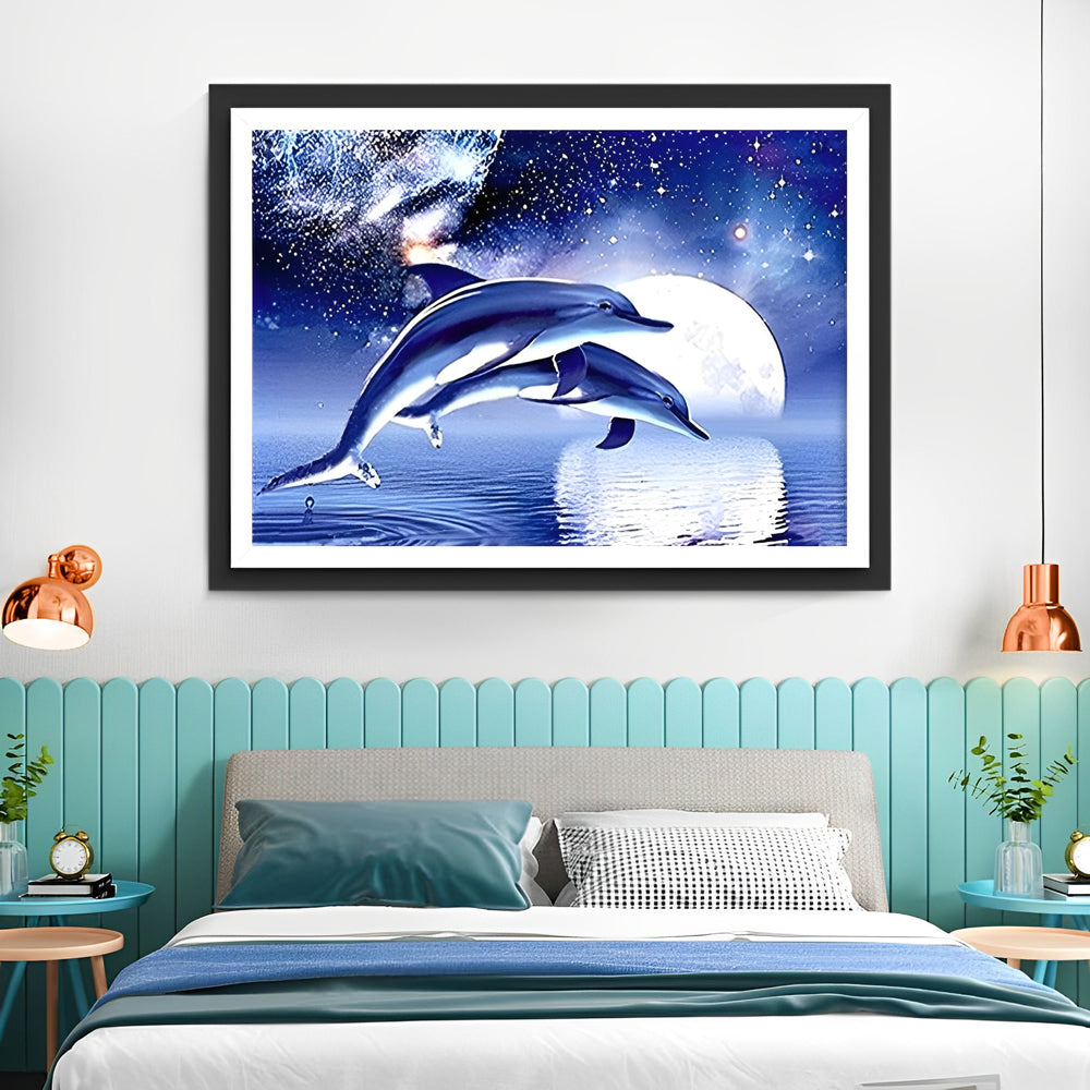 Two Dolphins and the Starry Night with the Clear Moon Diamond Painting