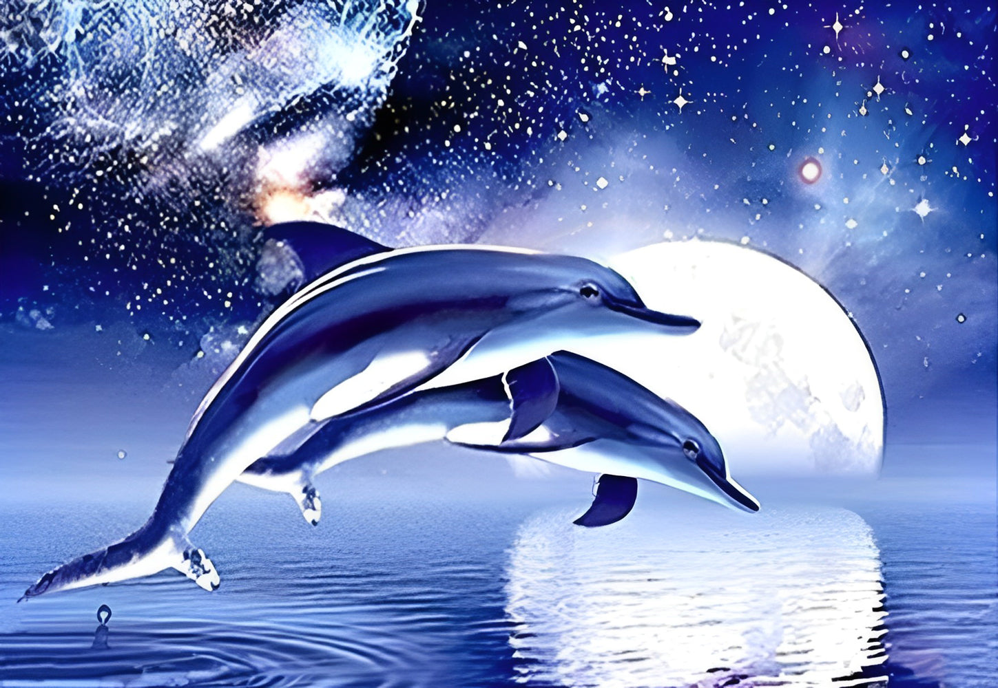 Two Dolphins and the Starry Night with the Clear Moon Diamond Painting