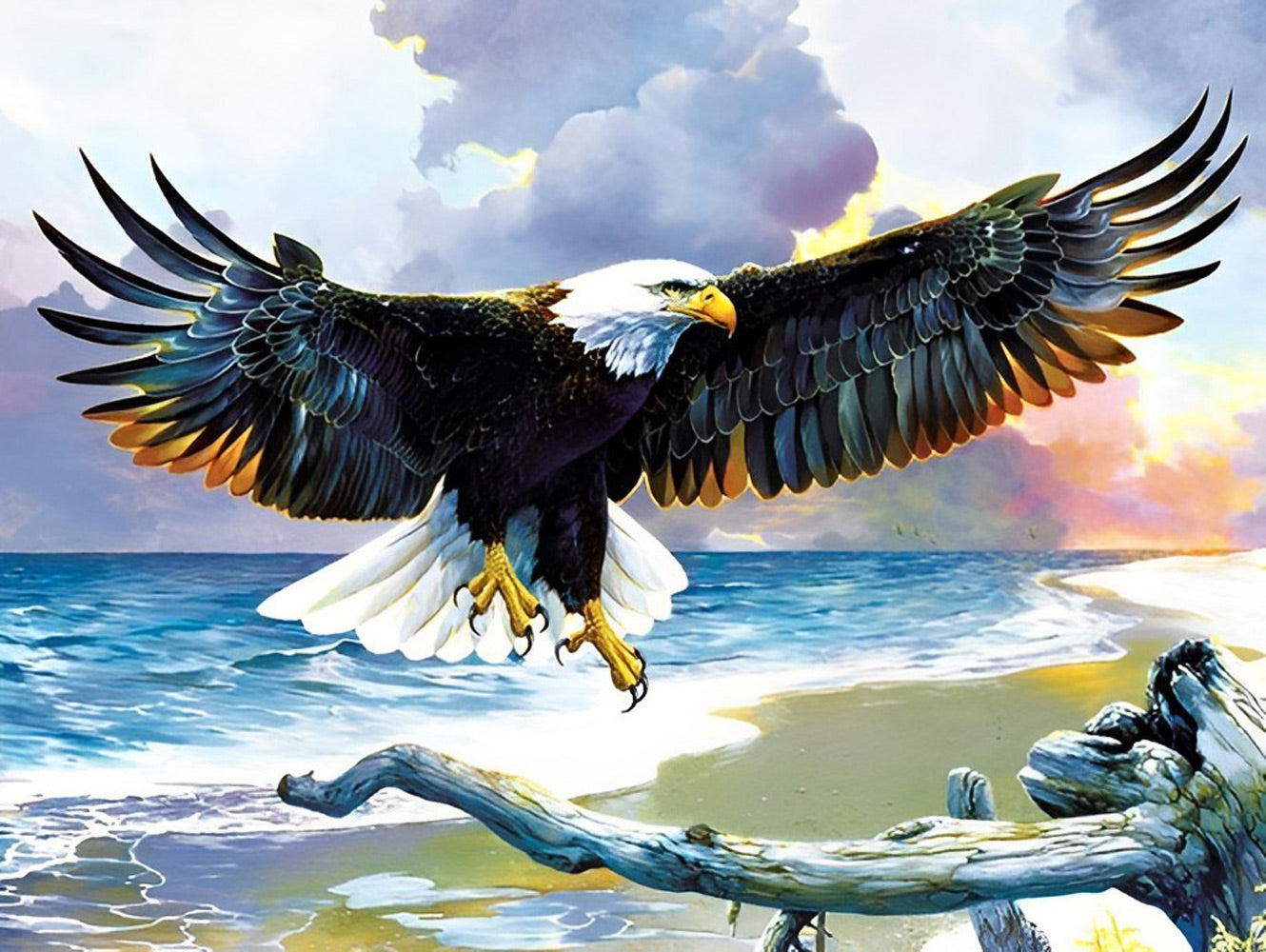 Bald Eagle Soaring Over the Beach Diamond Painting