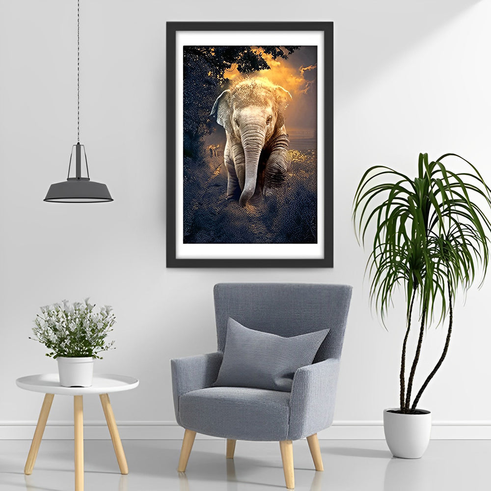 Cute Baby Elephant Under the Setting Sun Diamond Painting