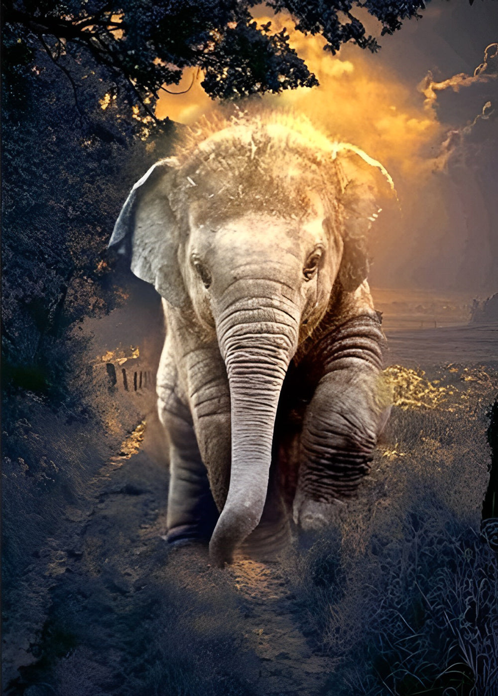 Cute Baby Elephant Under the Setting Sun Diamond Painting