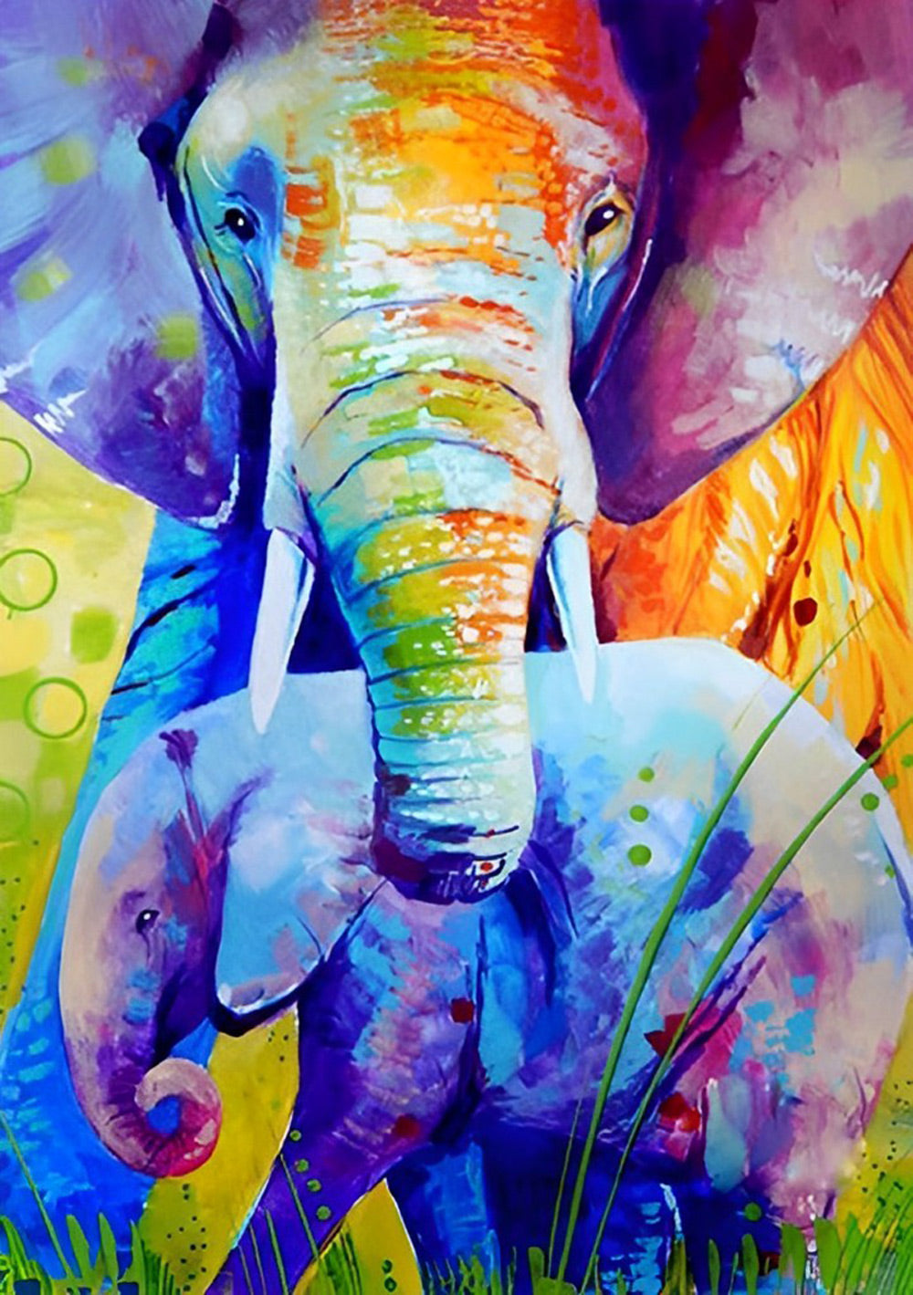 Multicolored Elephant and His Little Elephant Diamond Painting