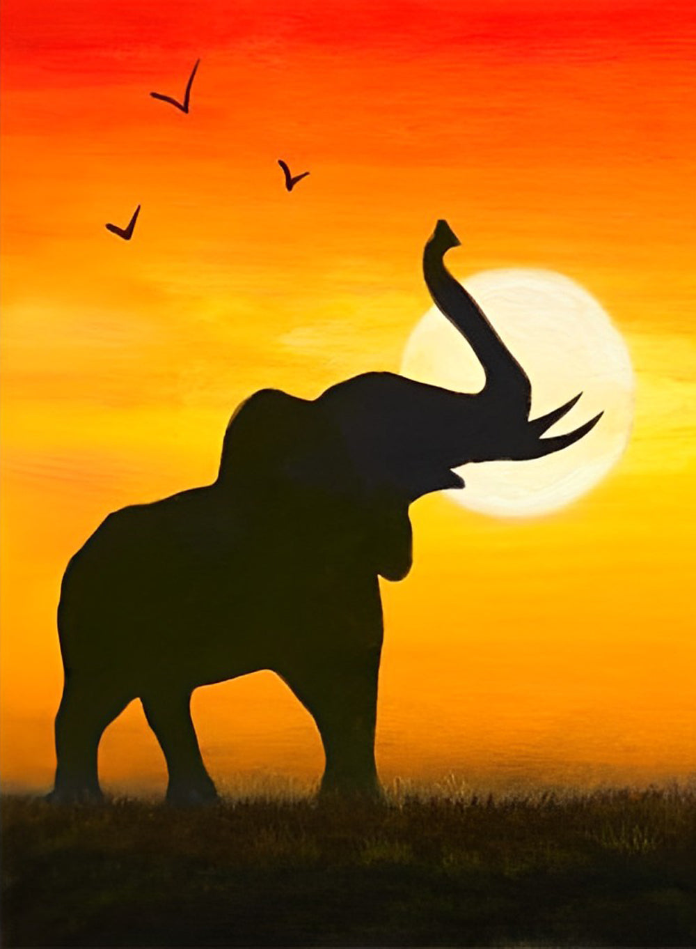 Elephant and the Setting Sun with the Red Sky Diamond Painting