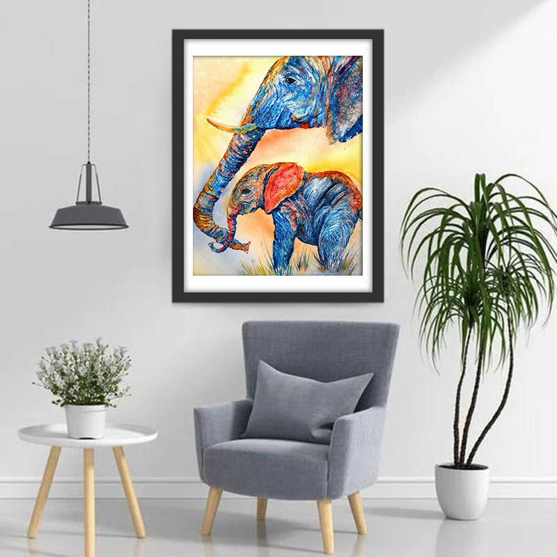 Colorful Elephant and Baby Elephant Diamond Painting