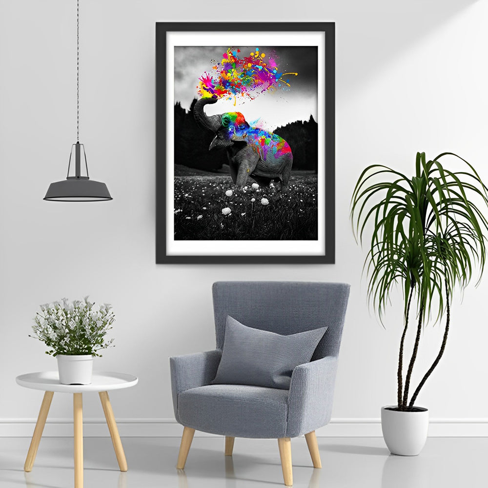 Elephant Pulverizing Colors and White Flowers Diamond Painting