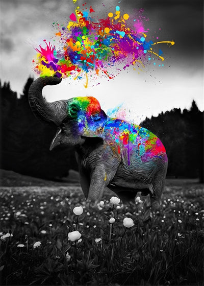 Elephant Pulverizing Colors and White Flowers 5D DIY Diamond Painting Kits