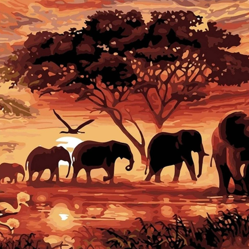 Herds of Elephants and Red Clouds Diamond Painting