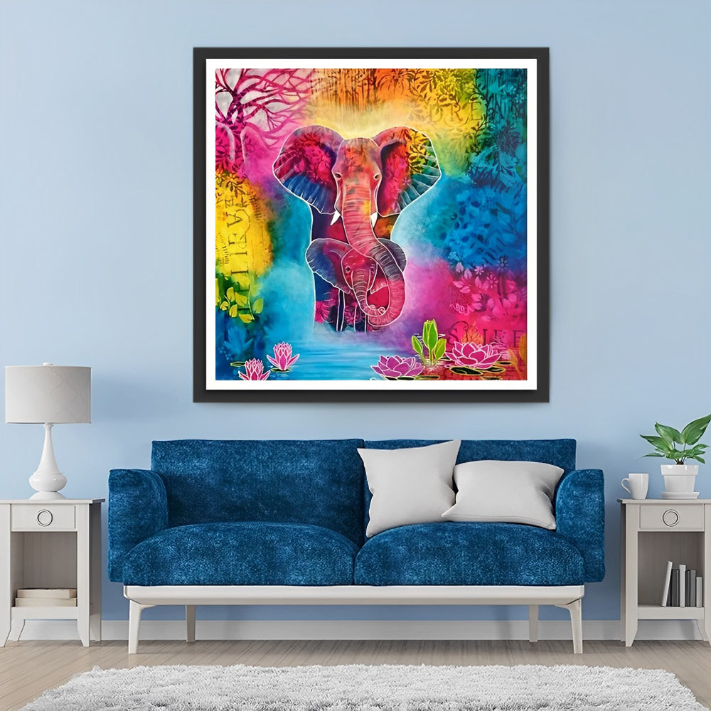 Colorful Elephants and Lotus Diamond Painting