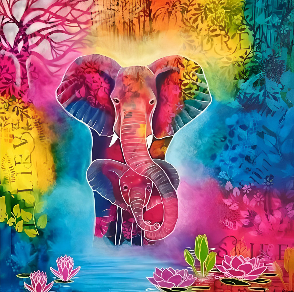 Colorful Elephants and Lotus Diamond Painting