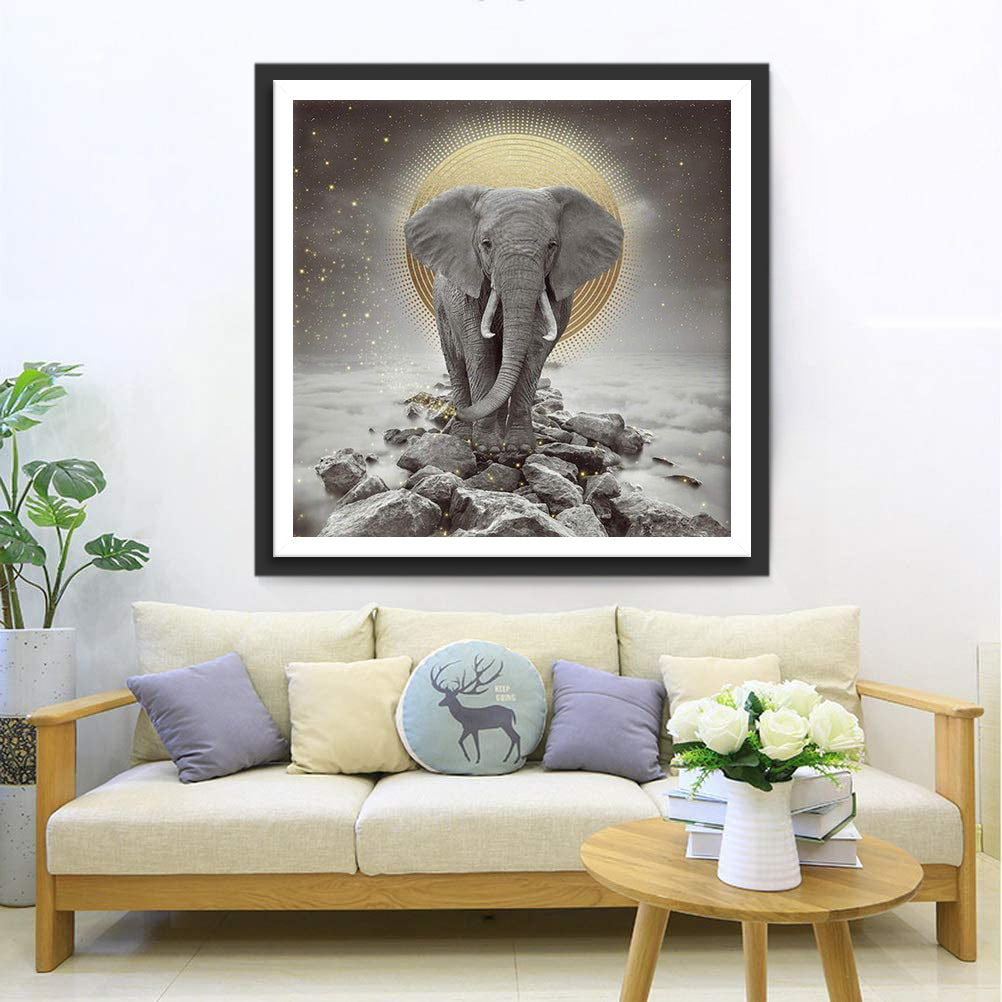 Elephant On Clouds with Golden Moon Diamond Painting