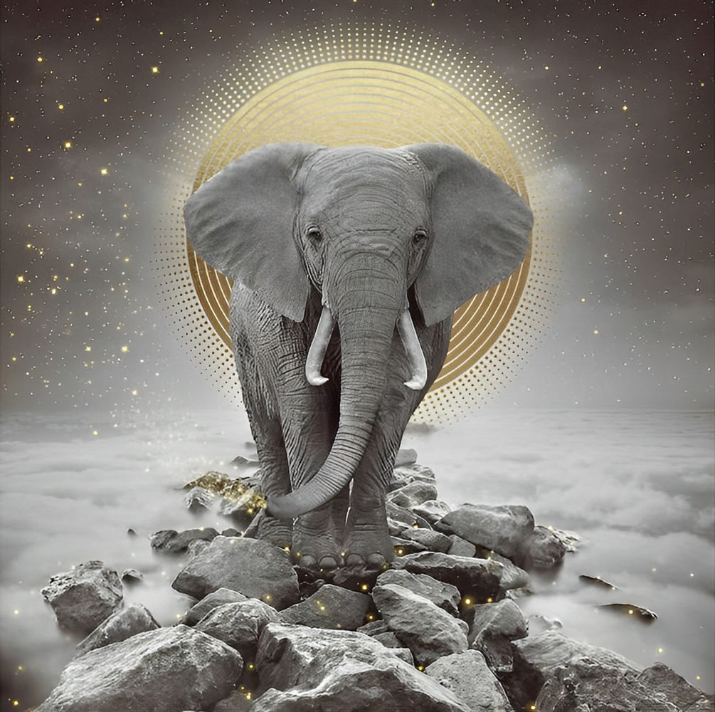 Elephant On Clouds with Golden Moon Diamond Painting