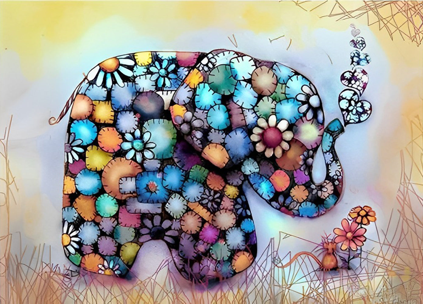 Elephant of Flowers and Heart Diamond Painting