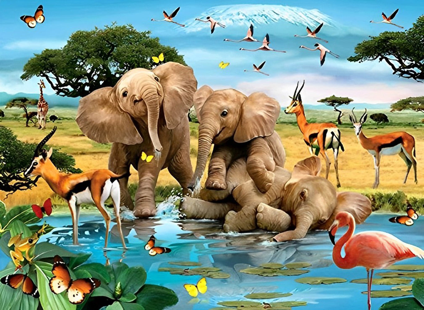 Elephants, Antelopes and Flamingo Diamond Painting