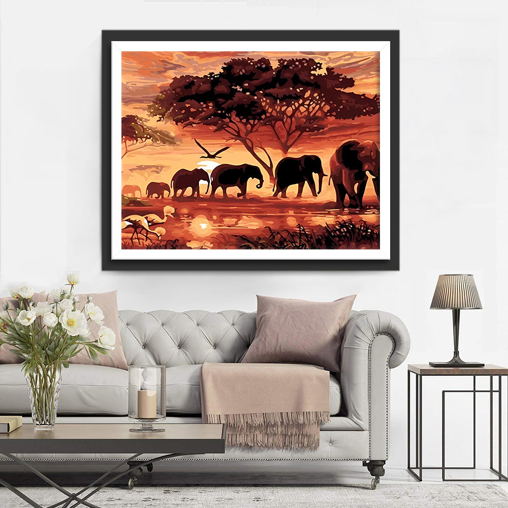 Herds of Elephants and Red Clouds Diamond Painting