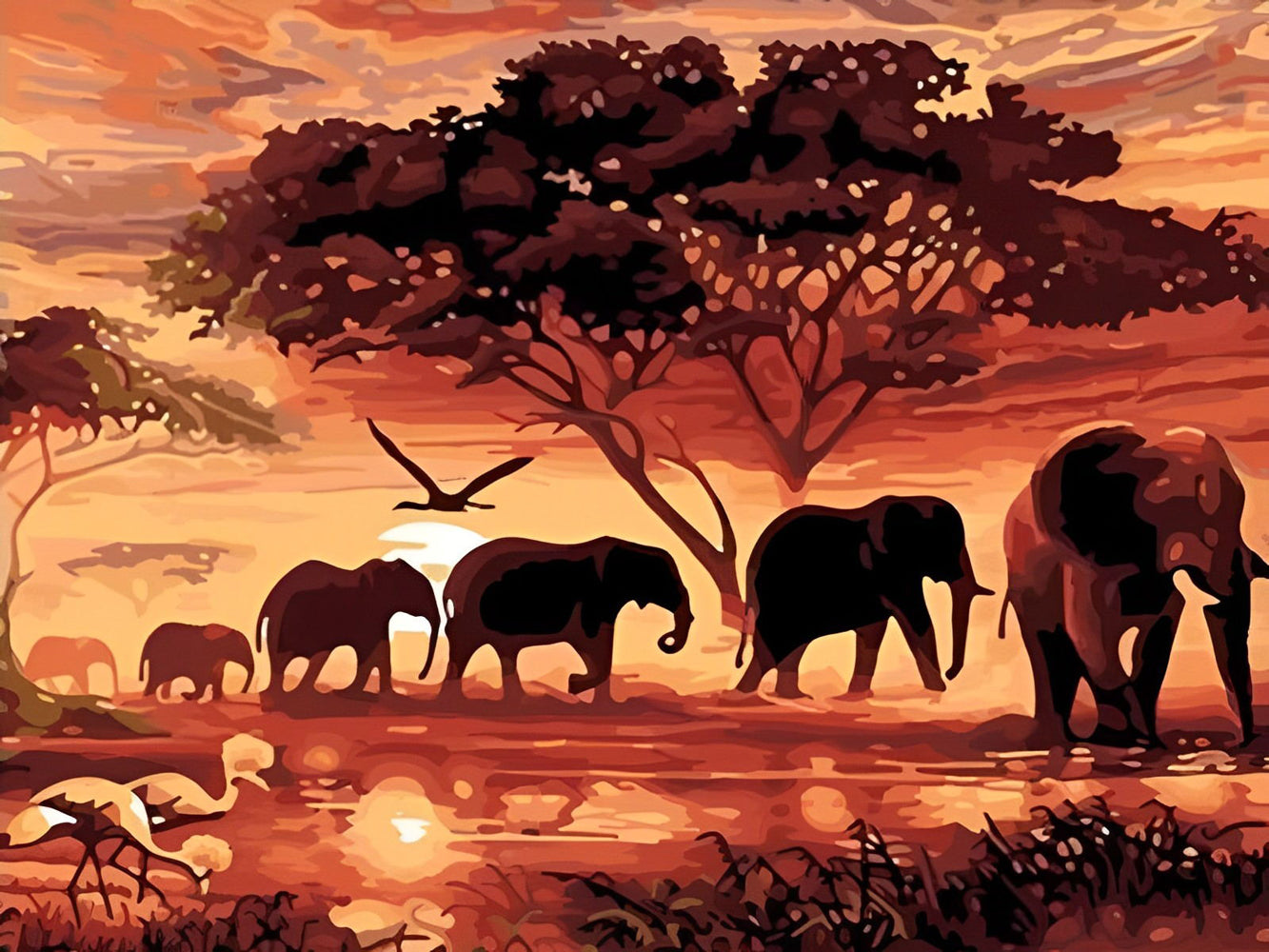 Herds of Elephants and Red Clouds Diamond Painting