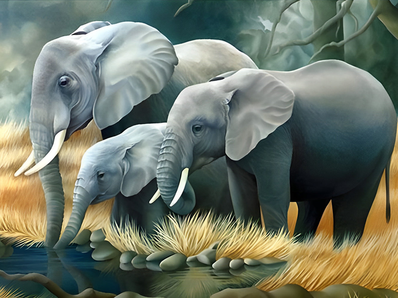 Family of Elephants Drinking Water Diamond Painting