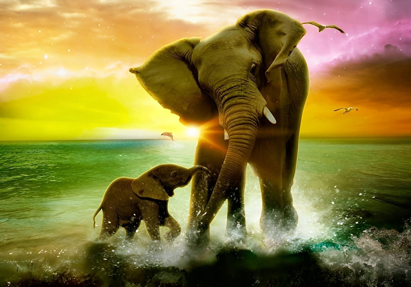 Mother Elephant and Her Baby Playing with Water Diamond Painting