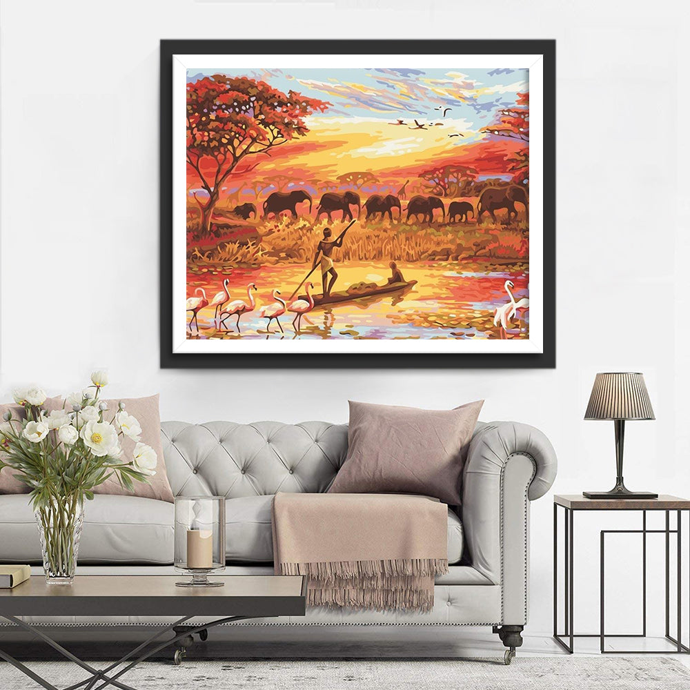 Herds of Elephants and Rowers Diamond Painting