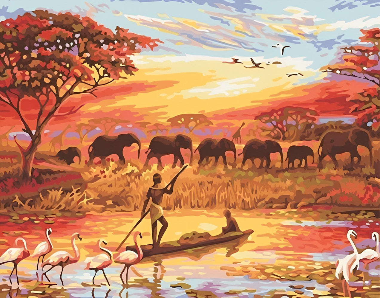 Herds of Elephants and Rowers Diamond Painting
