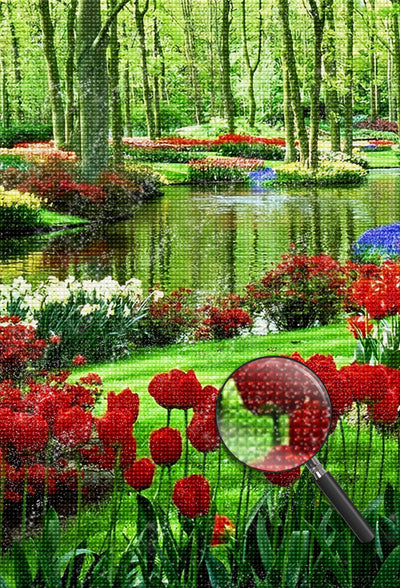 Red and White Tulips by the Stream 5D DIY Diamond Painting Kits