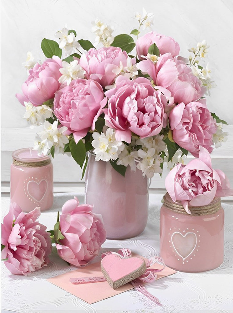 Peony Roses and White Flowers Diamond Painting