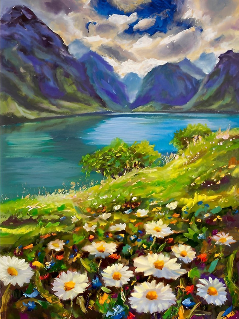 Chrysanthemums with Stream and Mountain Landscape 5D DIY Diamond Painting Kits