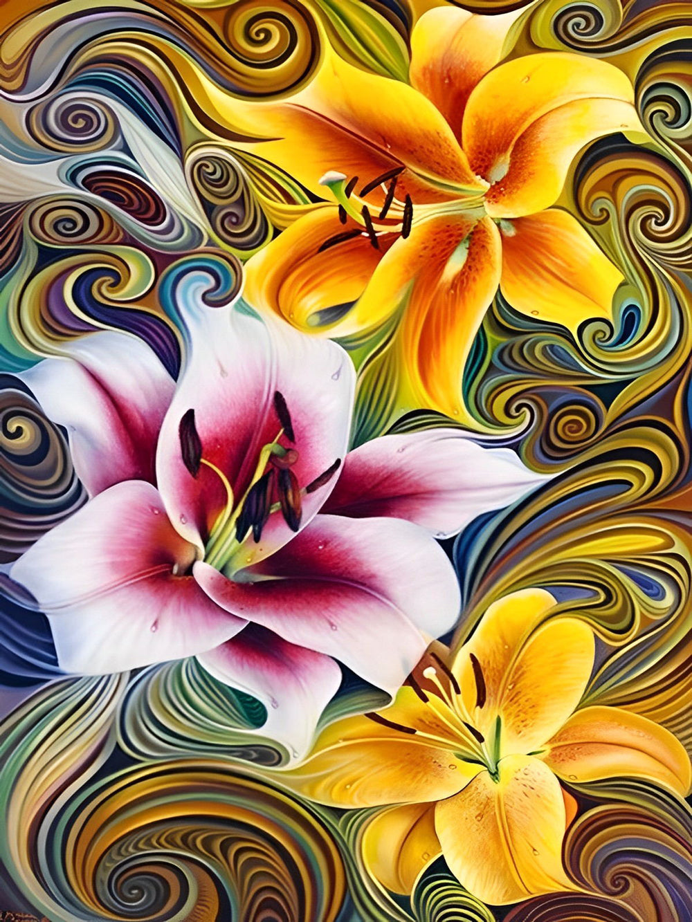 White and Yellow Lilies Abstract Diamond Painting