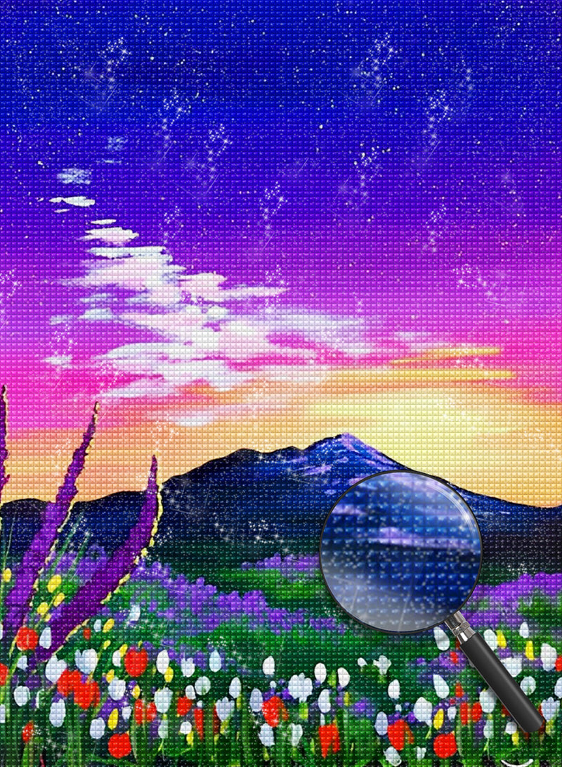 Tulips and Mountain with Magnificent Sky Diamond Painting