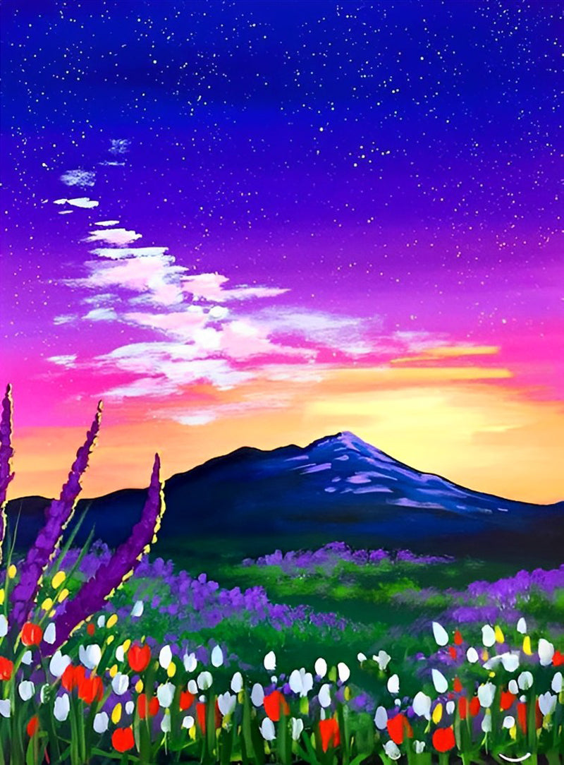 Tulips and Mountain with Magnificent Sky Diamond Painting