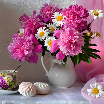 Pink Peonies and White Daisies Flower 5D DIY Diamond Painting Kits