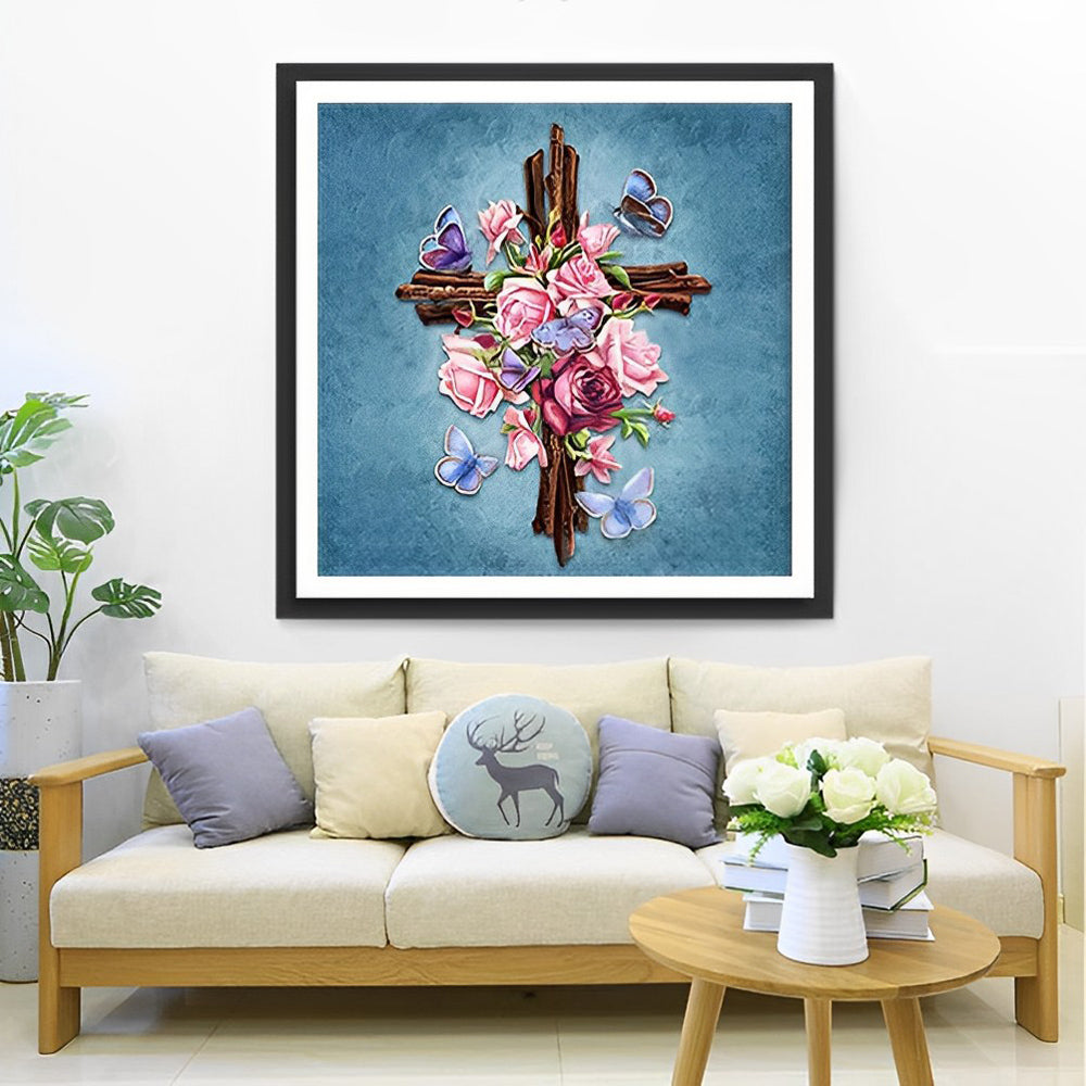 Roses and Butterflies on a Cross Christianity Diamond Painting