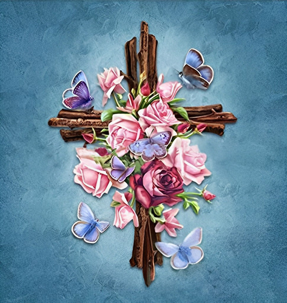Roses and Butterflies on a Cross Christianity Diamond Painting