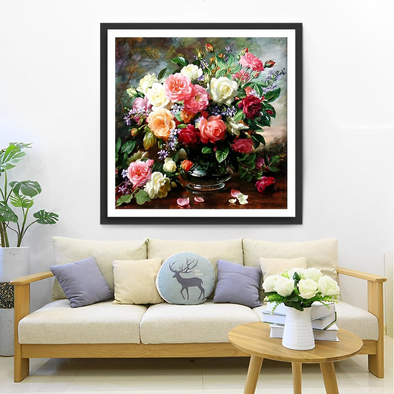 Multicolored Roses and Chinese Rose Bushes Diamond Painting