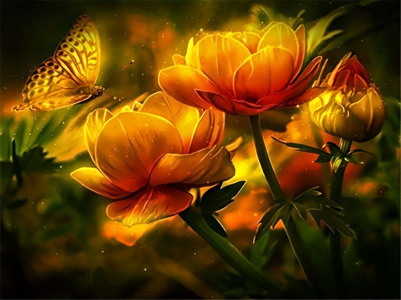 Lotus Orange and Luminous Butterfly Diamond Painting