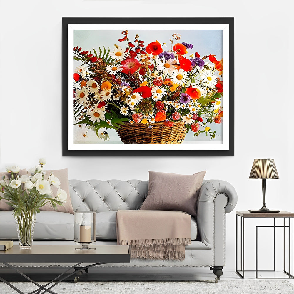 White Chrysanthemums and Red Poppies Diamond Painting