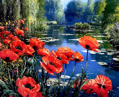Red Poppies by the River 5D DIY Diamond Painting Kits