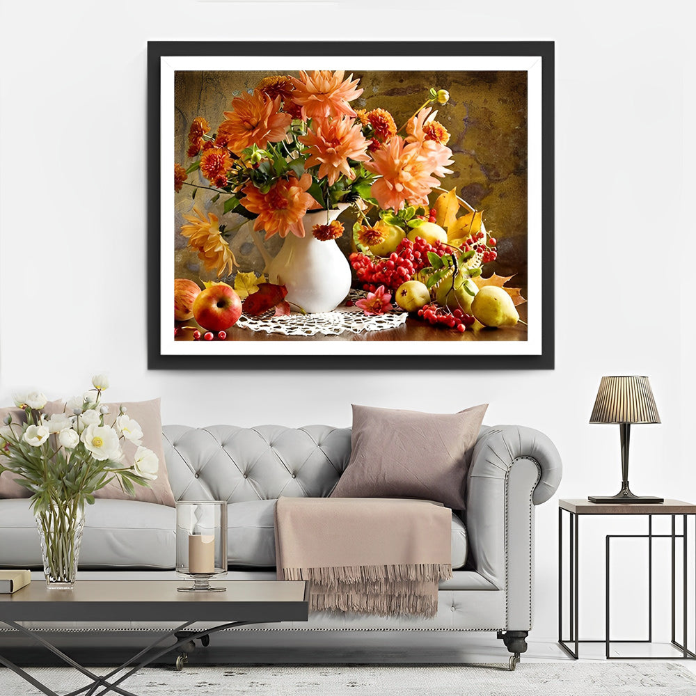 Pink-Orange Chrysanthemums and Fruits Diamond Painting
