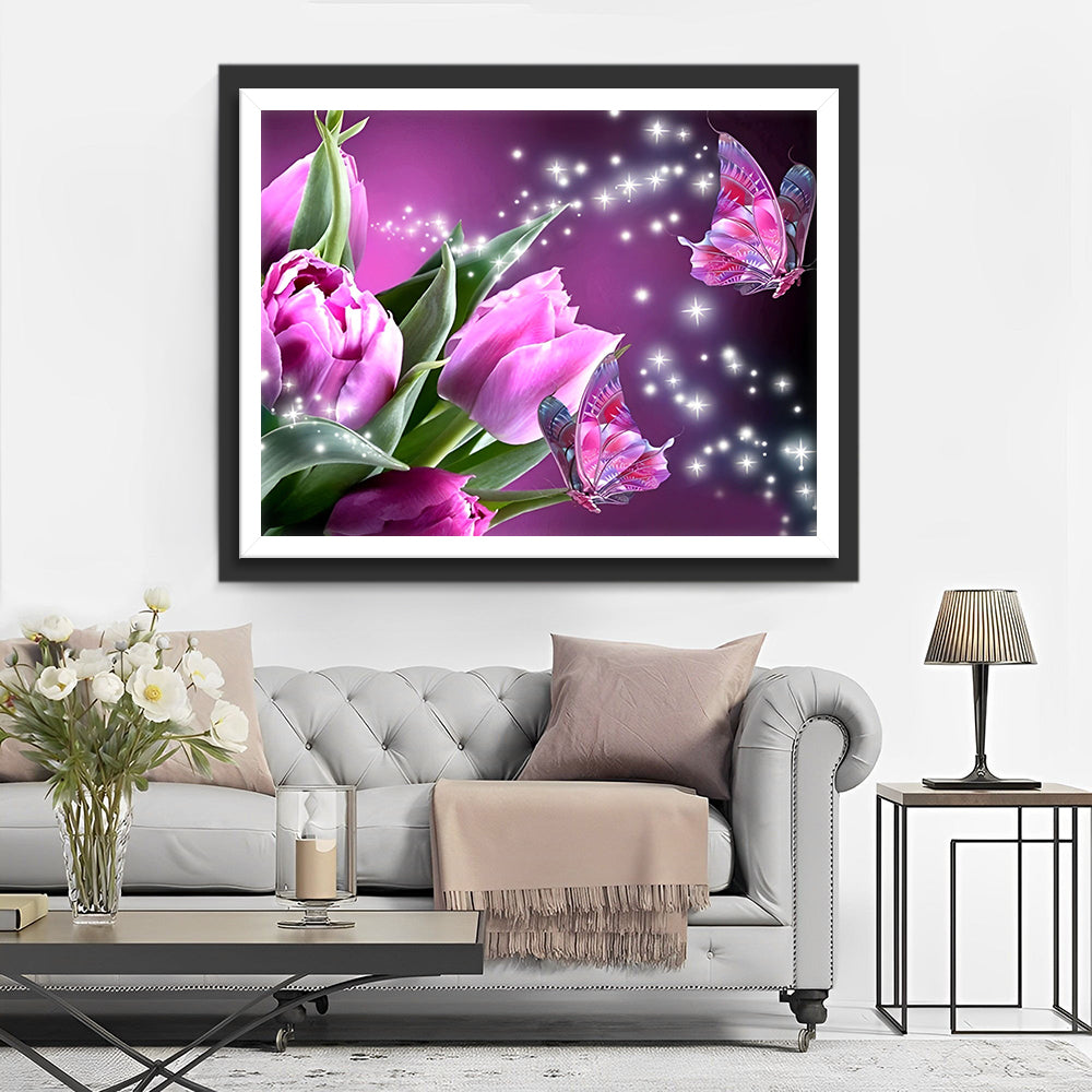 Butterflies and Pink Tulips Diamond Painting