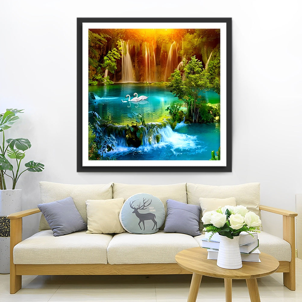 Family of Swans and Forest Landscape Diamond Painting