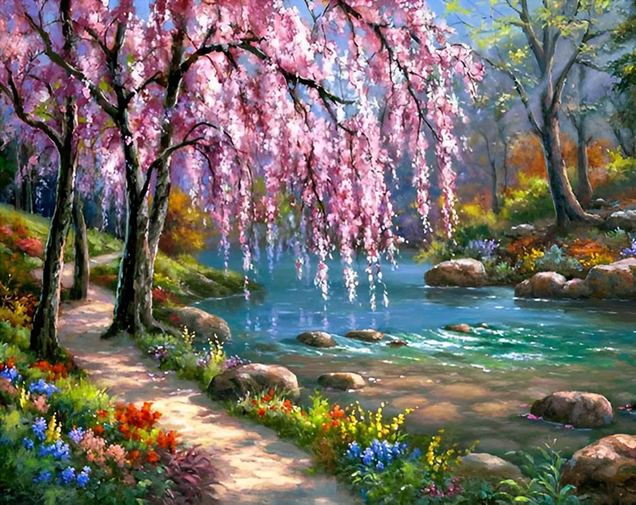 Peach Forest and Small Stream Diamond Painting