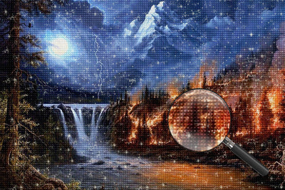 Waterfall and Mountain Fire Diamond Painting