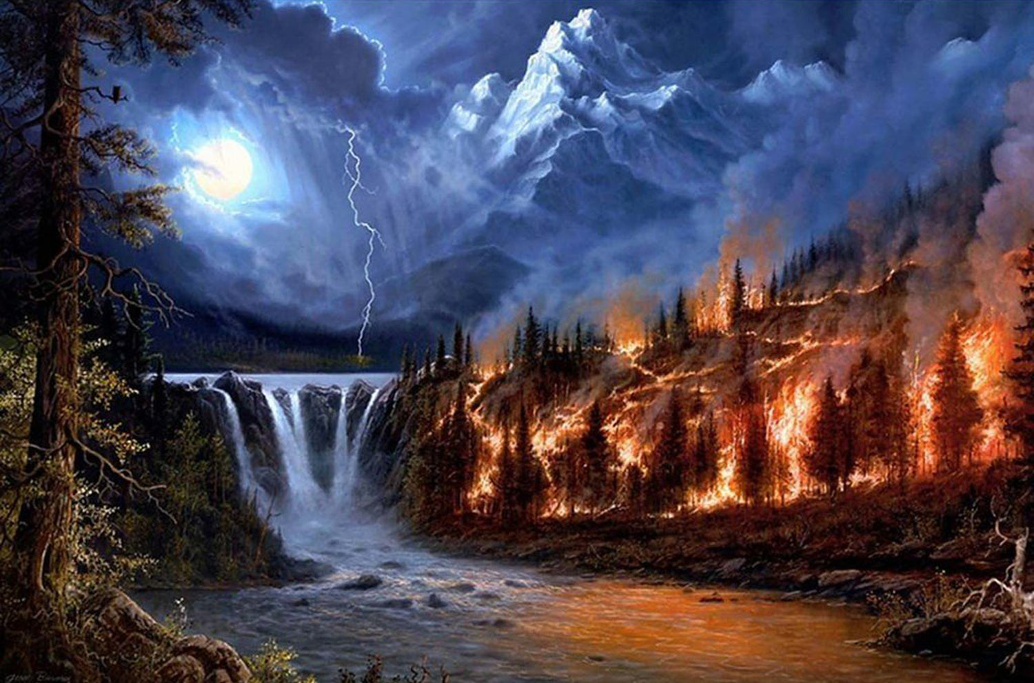 Waterfall and Mountain Fire Diamond Painting
